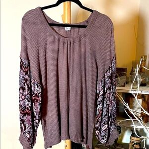 Bars Los Angeles Brown Waffle Knit Tunic. w/Colorful Paisley Sleeves.Oversized.